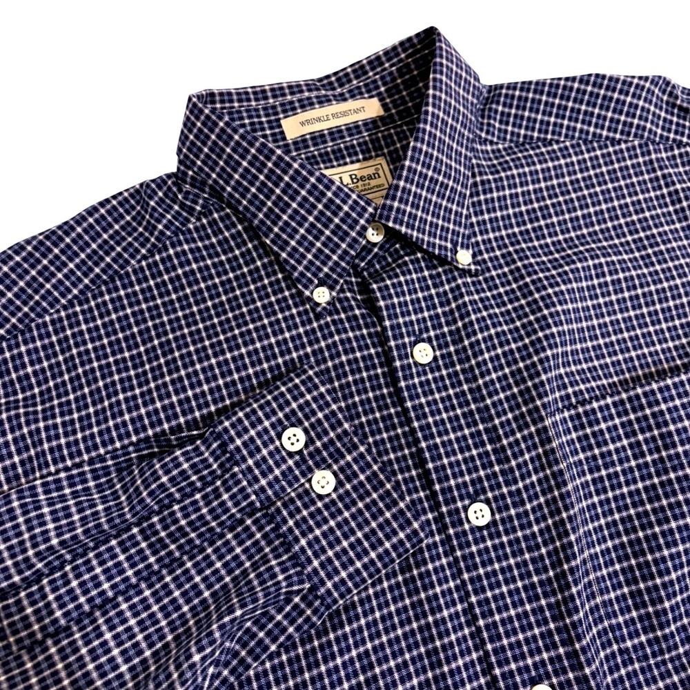 L.L. Bean Button Down Shirt Mens L Navy Blue White Check Wrinkle Resistant - Picture 9 of 9